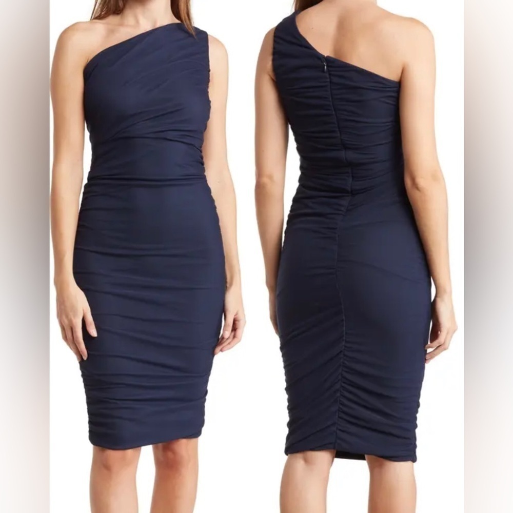 Love by design One Shoulder Body Con ruched Midi Dress ladies small navy blazer